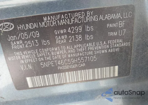 2009 Hyundai Sonata Gls из США, поврежденный, VIN 5NPET46C59H557105